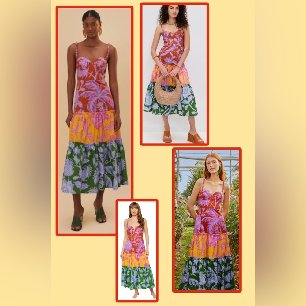 FARM Rio Tropical Colorblock Pineapple Floral Tiered Midi Dress Large - Picture 2 of 16